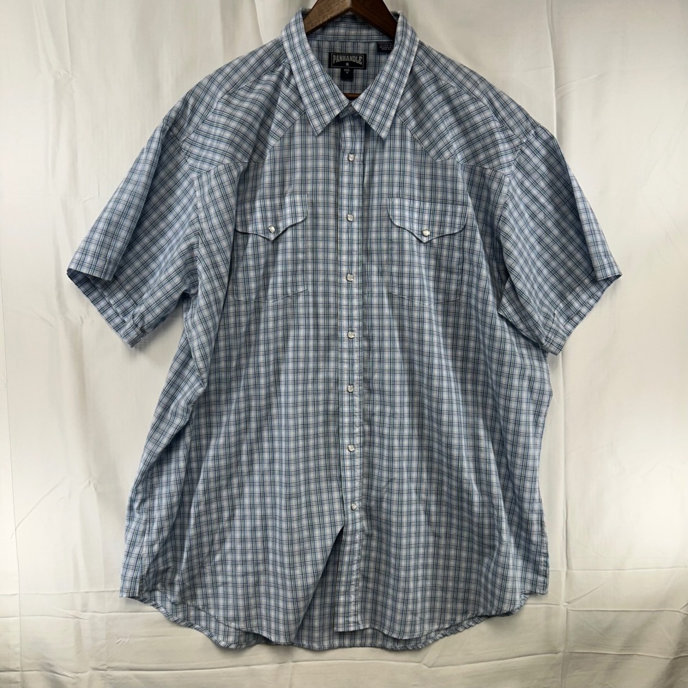 Panhandle Western Shirt Mens XXL Blue Plaid Pearl Snap Short Sleeve 31X0004